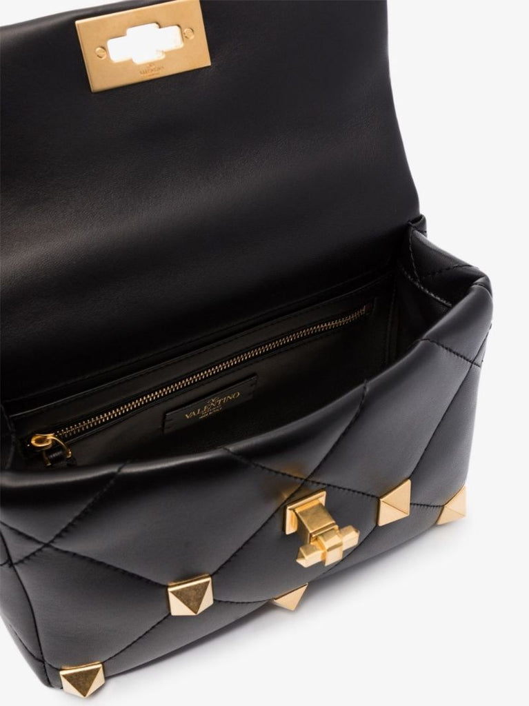 Black Roman Stud Medium Leather Shoulder Bag