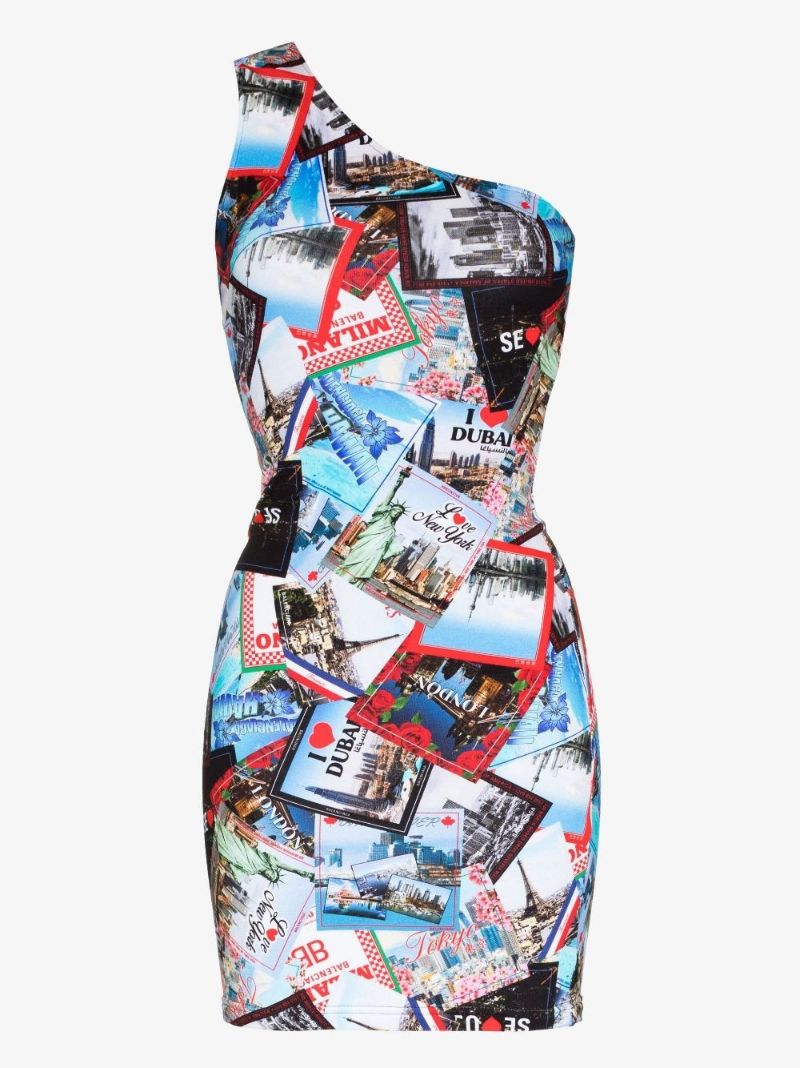 Blue One-shoulder Printed Cotton Mini Dress