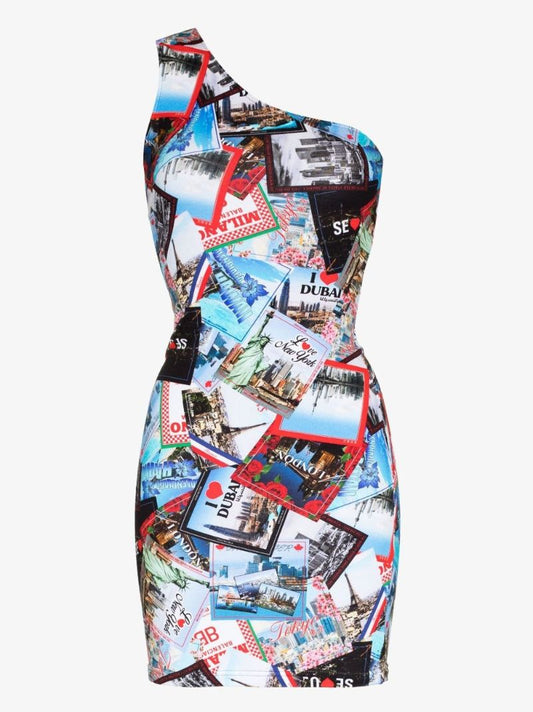 Blue One-shoulder Printed Cotton Mini Dress