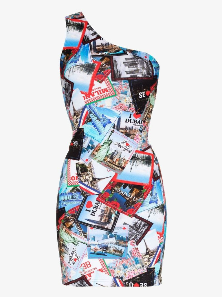 Blue One-shoulder Printed Cotton Mini Dress