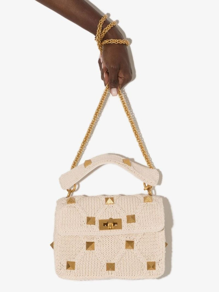 Neutral Roman Stud Medium Knitted Shoulder Bag