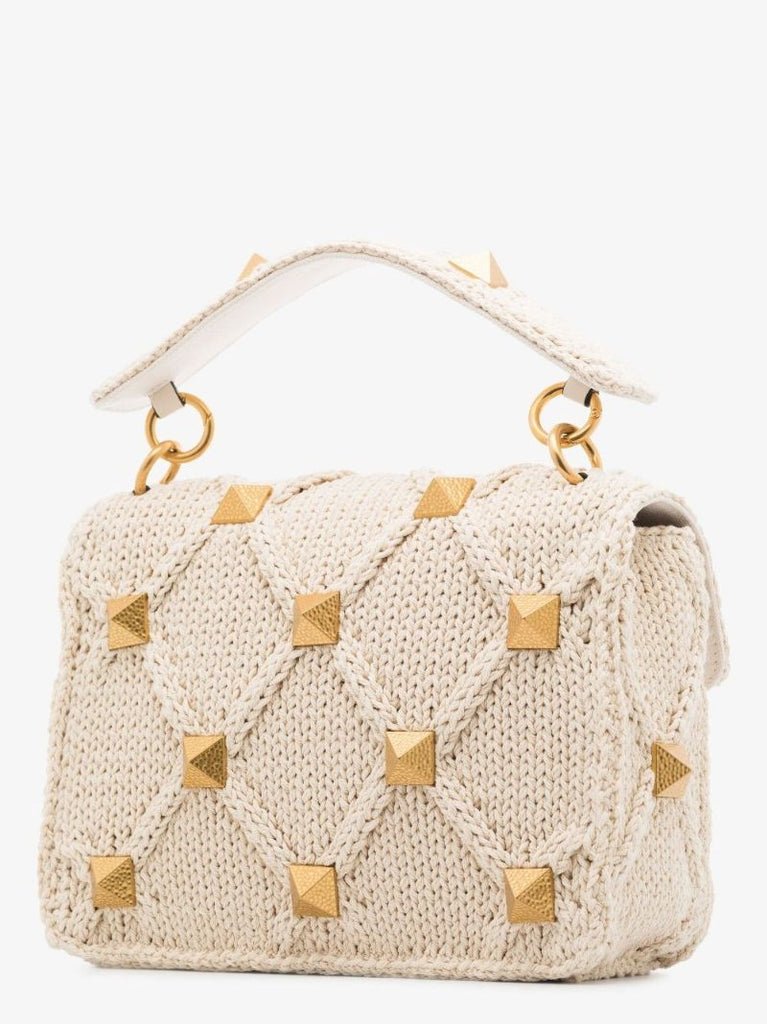 Neutral Roman Stud Medium Knitted Shoulder Bag
