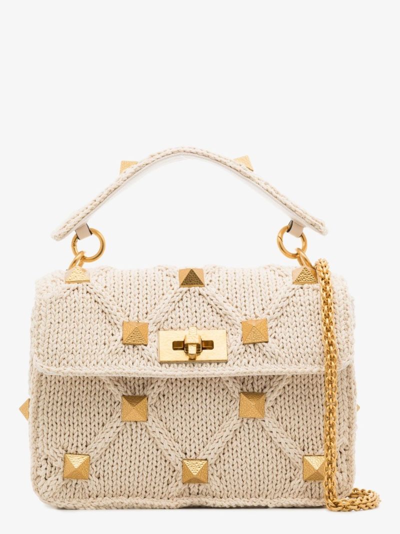 Neutral Roman Stud Medium Knitted Shoulder Bag