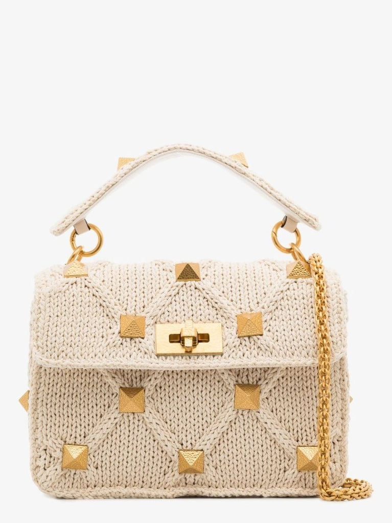 Neutral Roman Stud Medium Knitted Shoulder Bag