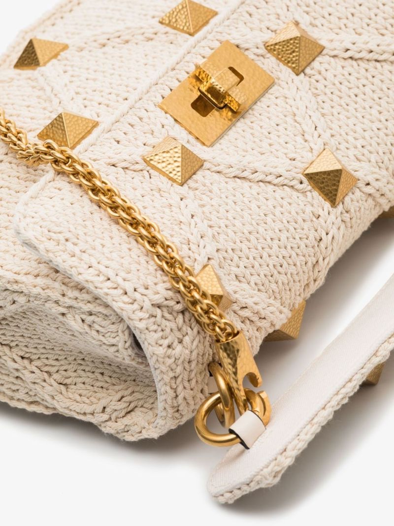 Neutral Roman Stud Medium Knitted Shoulder Bag