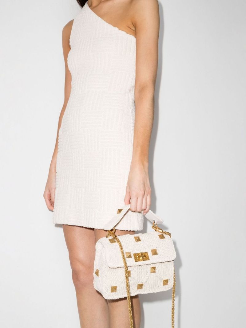 Neutral Roman Stud Medium Knitted Shoulder Bag