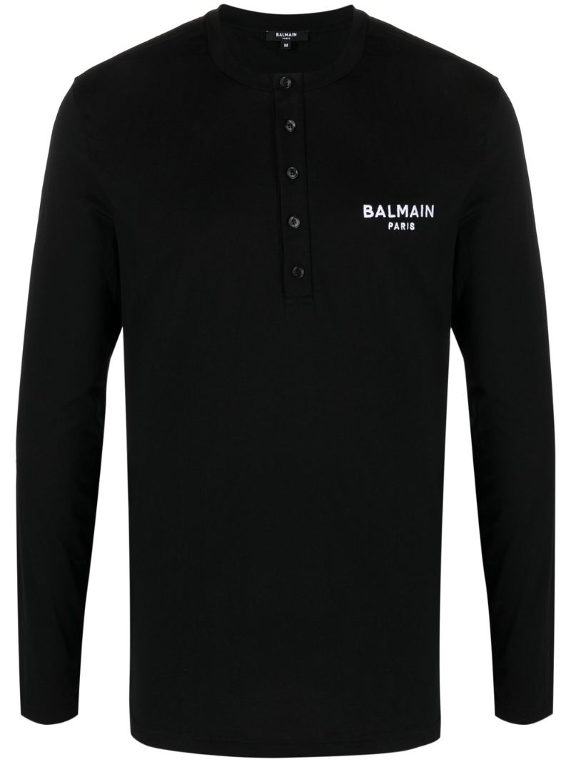 Black Logo Embroidered Cotton Henley T-shirt