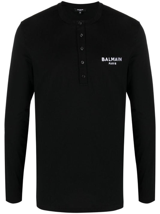 Black Logo Embroidered Cotton Henley T-shirt