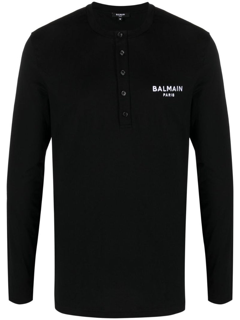 Black Logo Embroidered Cotton Henley T-shirt