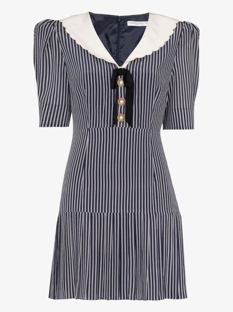 Button Embellished Striped Silk Mini Dress