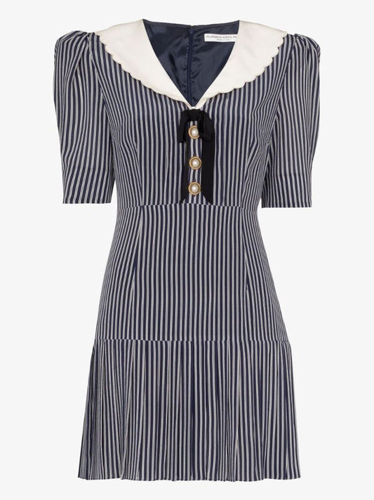 Button Embellished Striped Silk Mini Dress