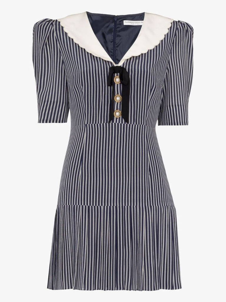 Button Embellished Striped Silk Mini Dress