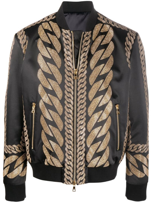 Black Chain Studded Silk Bomber Jacket