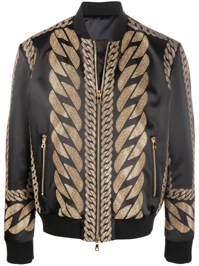 Black Chain Studded Silk Bomber Jacket