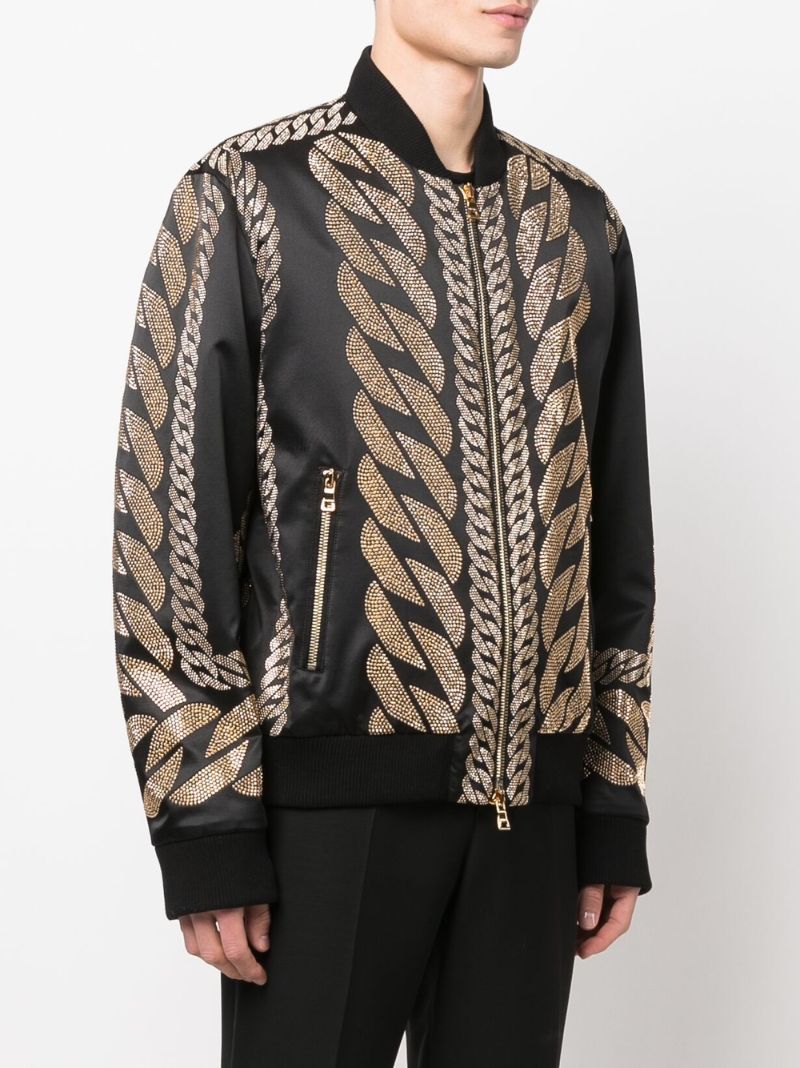 Black Chain Studded Silk Bomber Jacket