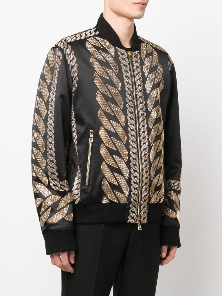 Black Chain Studded Silk Bomber Jacket