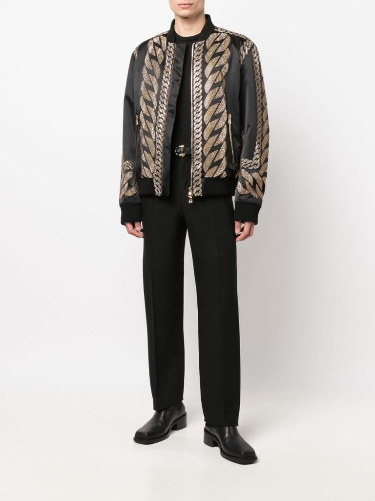 Black Chain Studded Silk Bomber Jacket