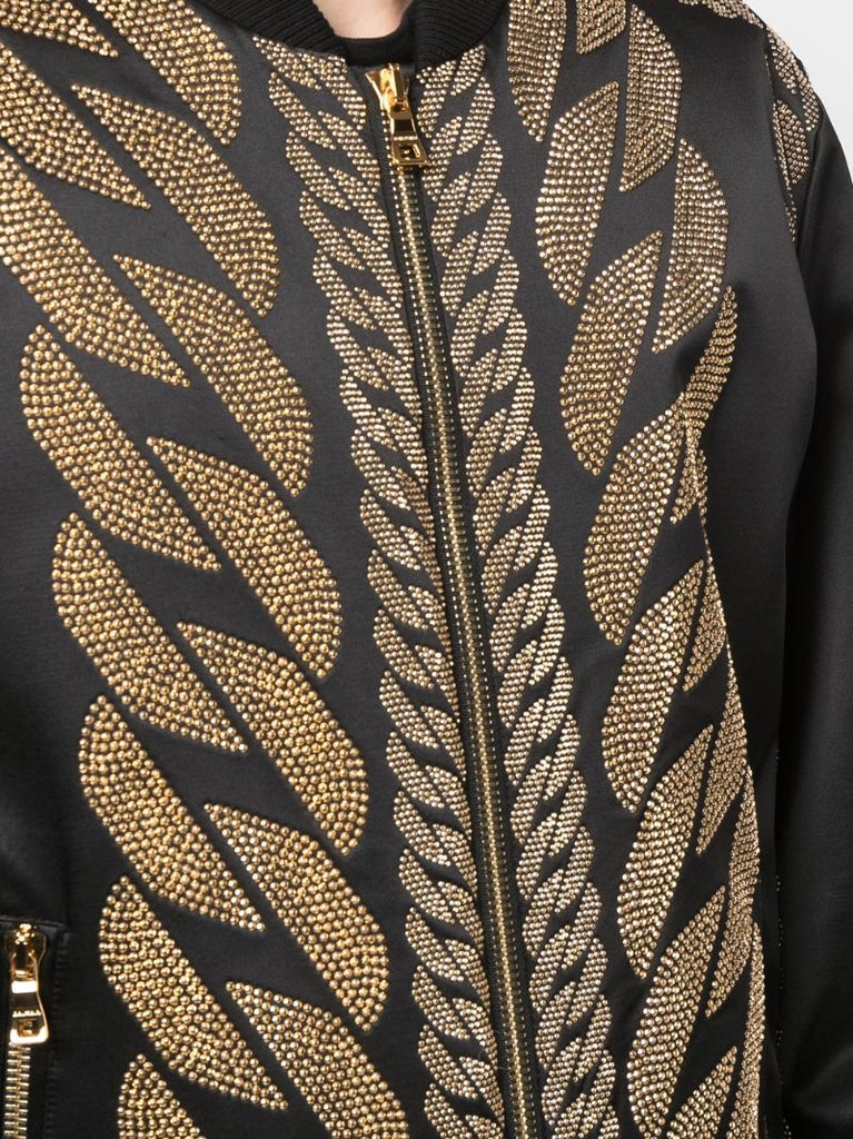 Black Chain Studded Silk Bomber Jacket