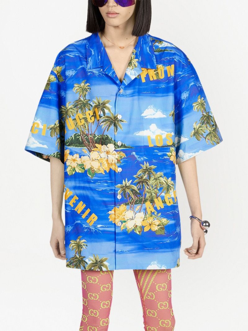 Blue Printed Cotton Bowling Shirt