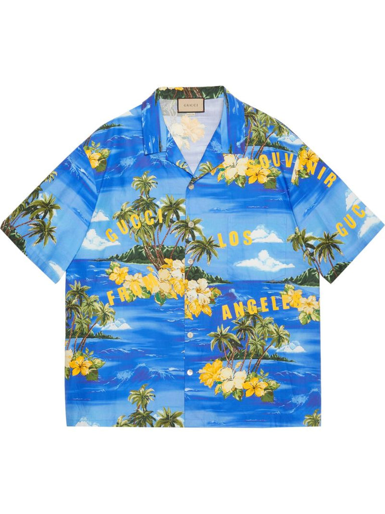 Blue Printed Cotton Bowling Shirt