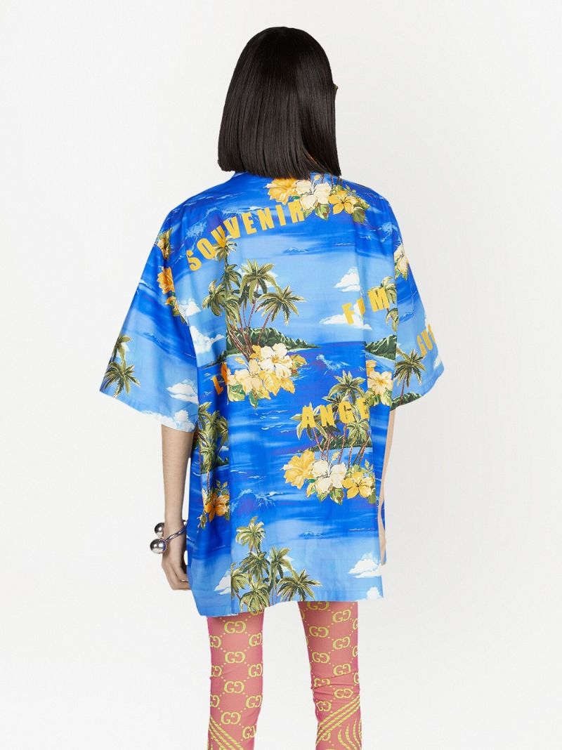 Blue Printed Cotton Bowling Shirt