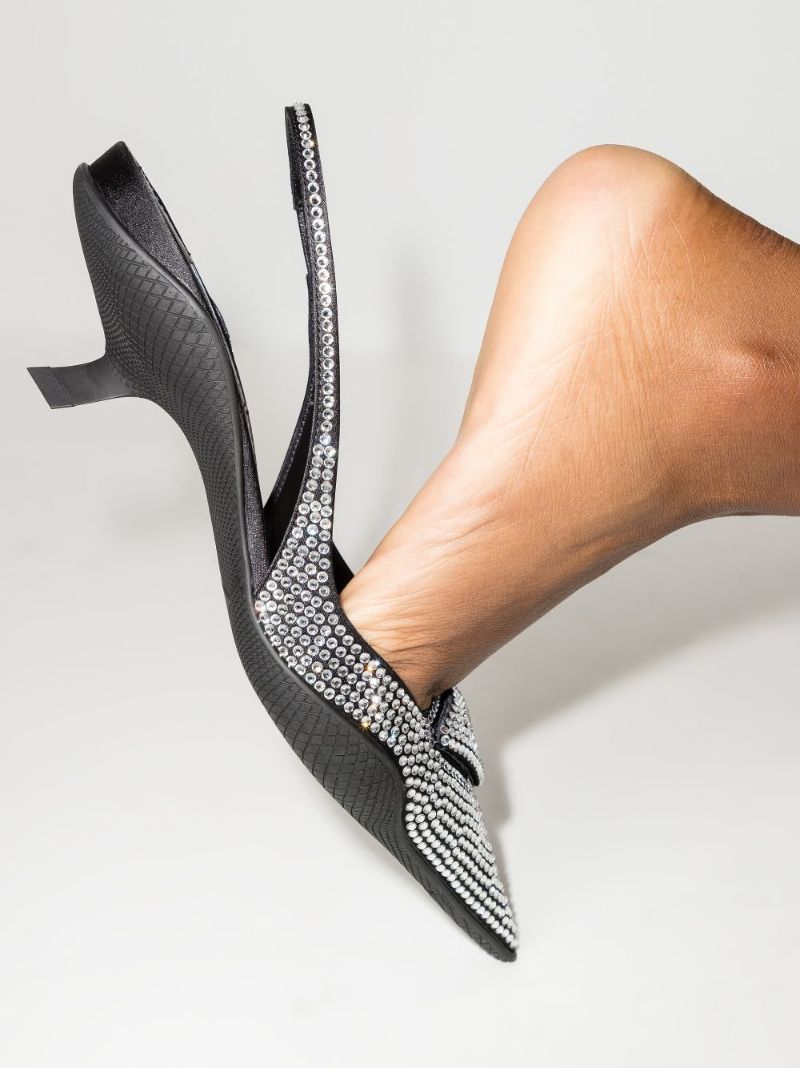 Black 45 Crystal Slingback Satin Pumps