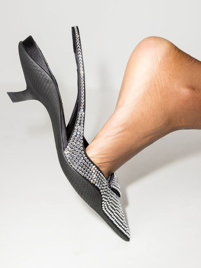 Black 45 Crystal Slingback Satin Pumps