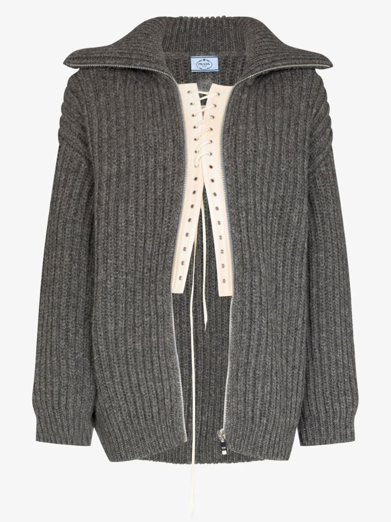 Lace-up Ribbed Knit Wool Cardigan