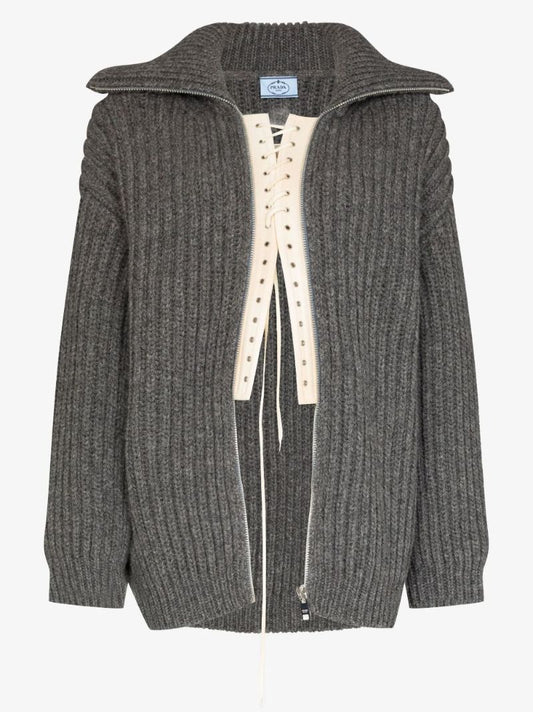 Lace-up Ribbed Knit Wool Cardigan