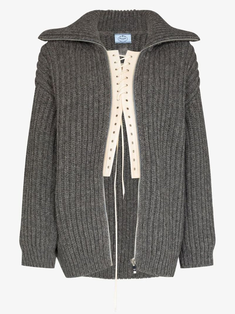 Lace-up Ribbed Knit Wool Cardigan