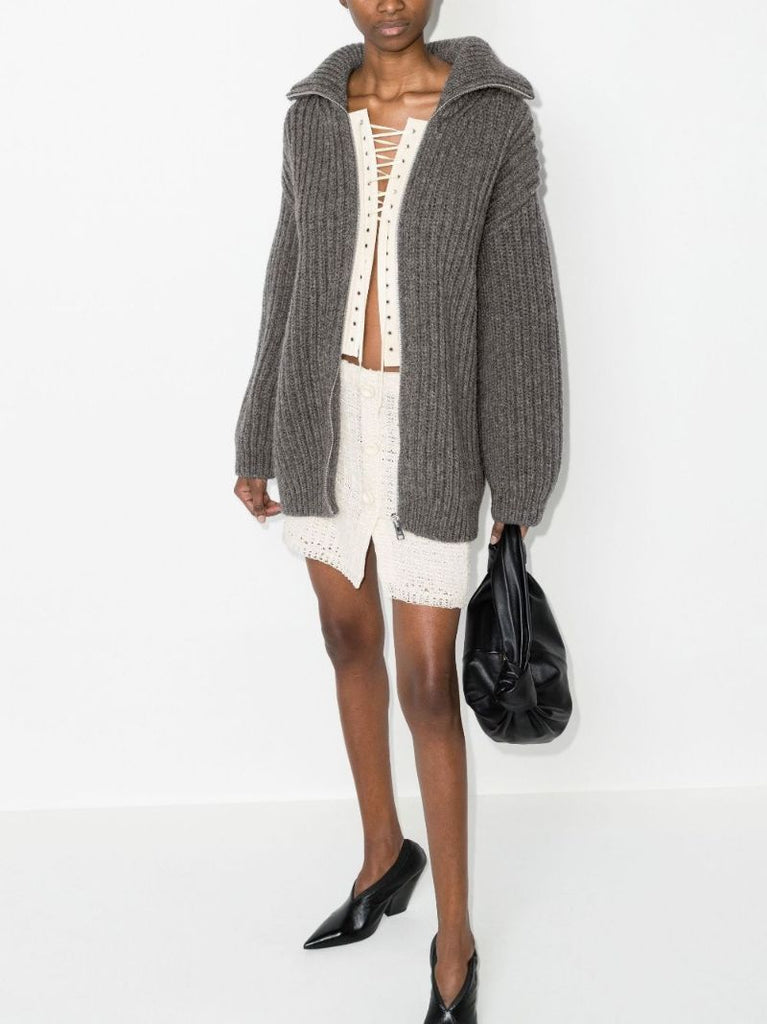 Lace-up Ribbed Knit Wool Cardigan