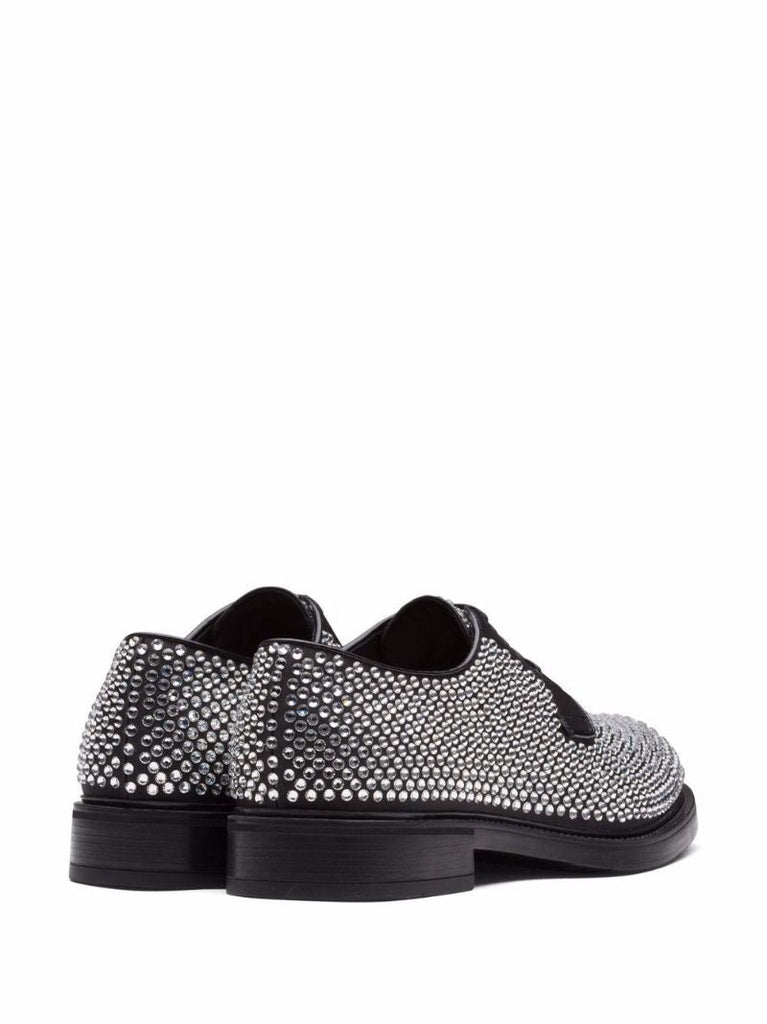 Black Crystal Embellished Leather Oxford Shoes