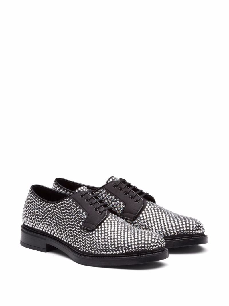 Black Crystal Embellished Leather Oxford Shoes