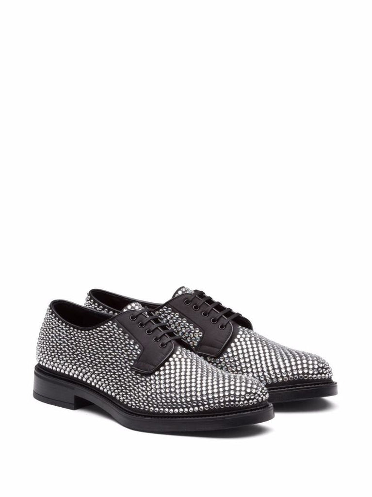 Black Crystal Embellished Leather Oxford Shoes