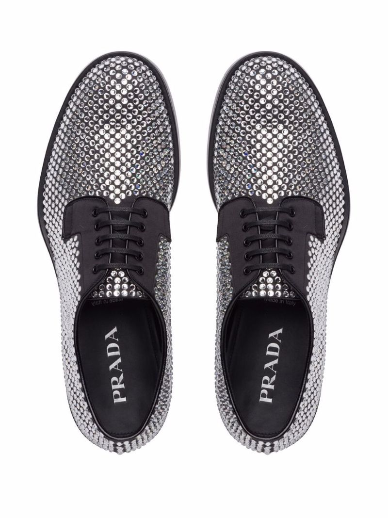 Black Crystal Embellished Leather Oxford Shoes