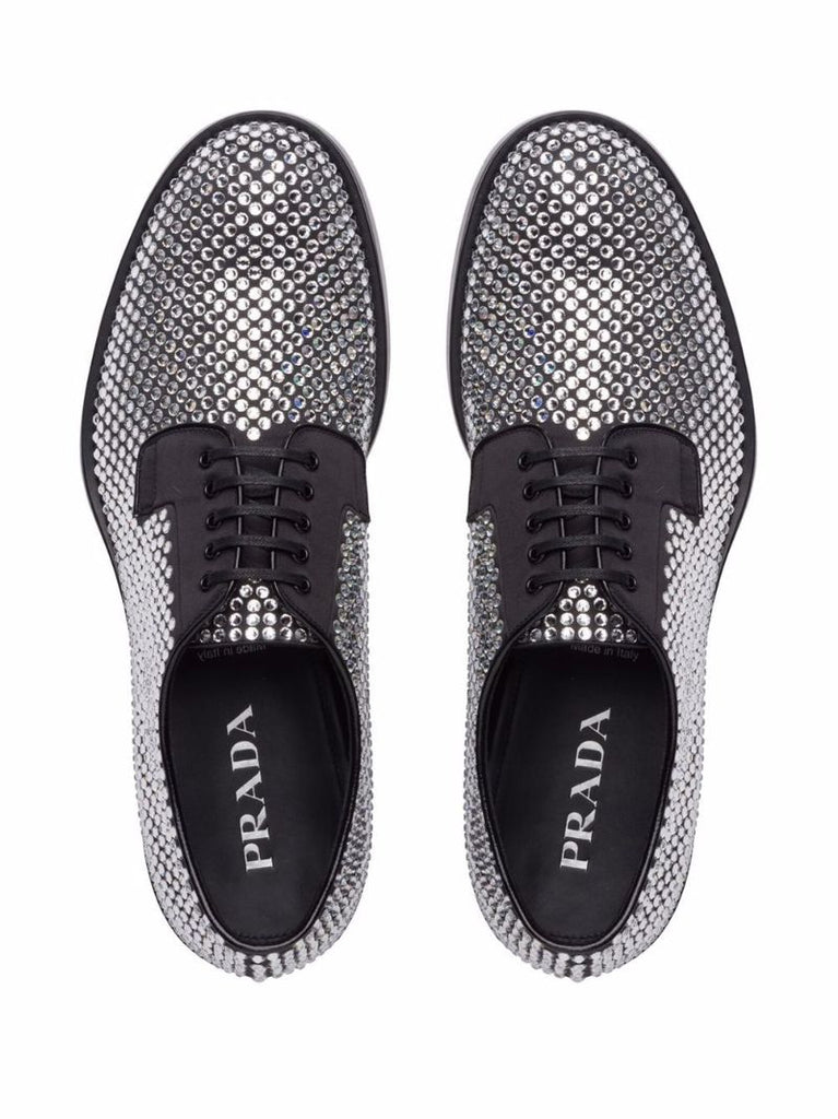 Black Crystal Embellished Leather Oxford Shoes
