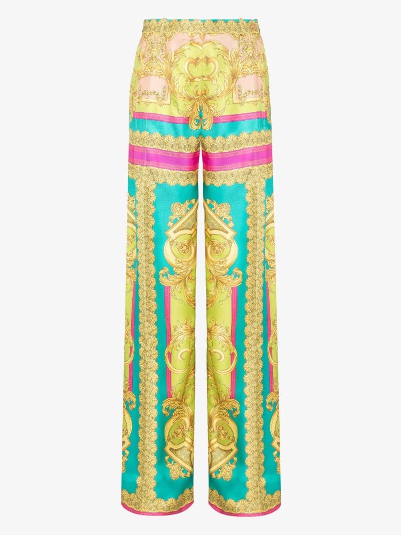 Barocco Goddess Print Wide Leg Silk Trousers