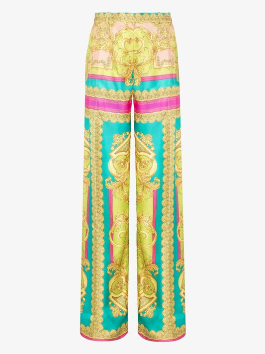 Barocco Goddess Print Wide Leg Silk Trousers