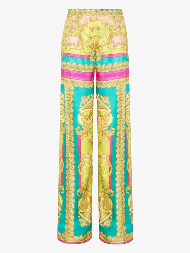 Barocco Goddess Print Wide Leg Silk Trousers