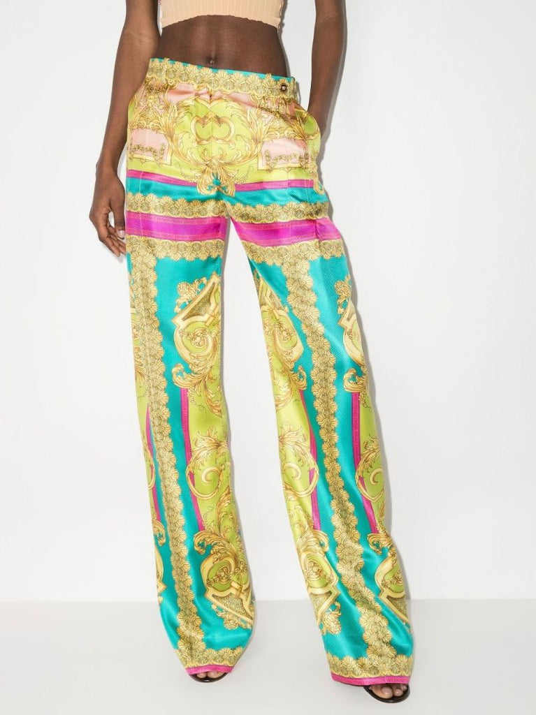 Barocco Goddess Print Wide Leg Silk Trousers