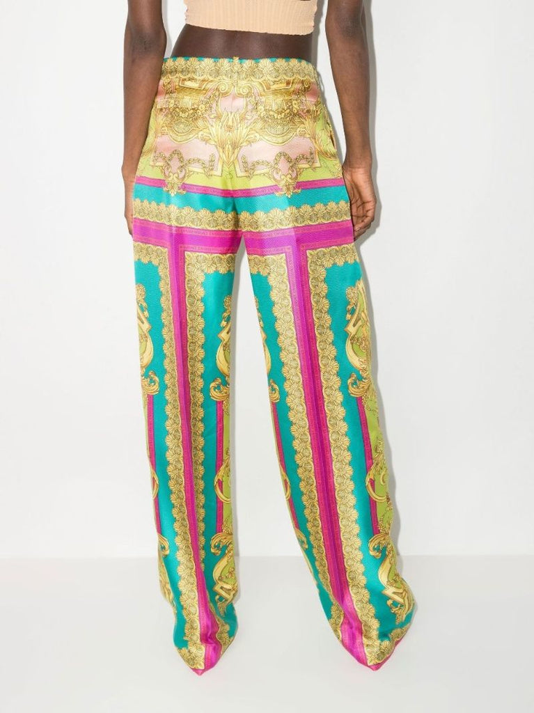 Barocco Goddess Print Wide Leg Silk Trousers