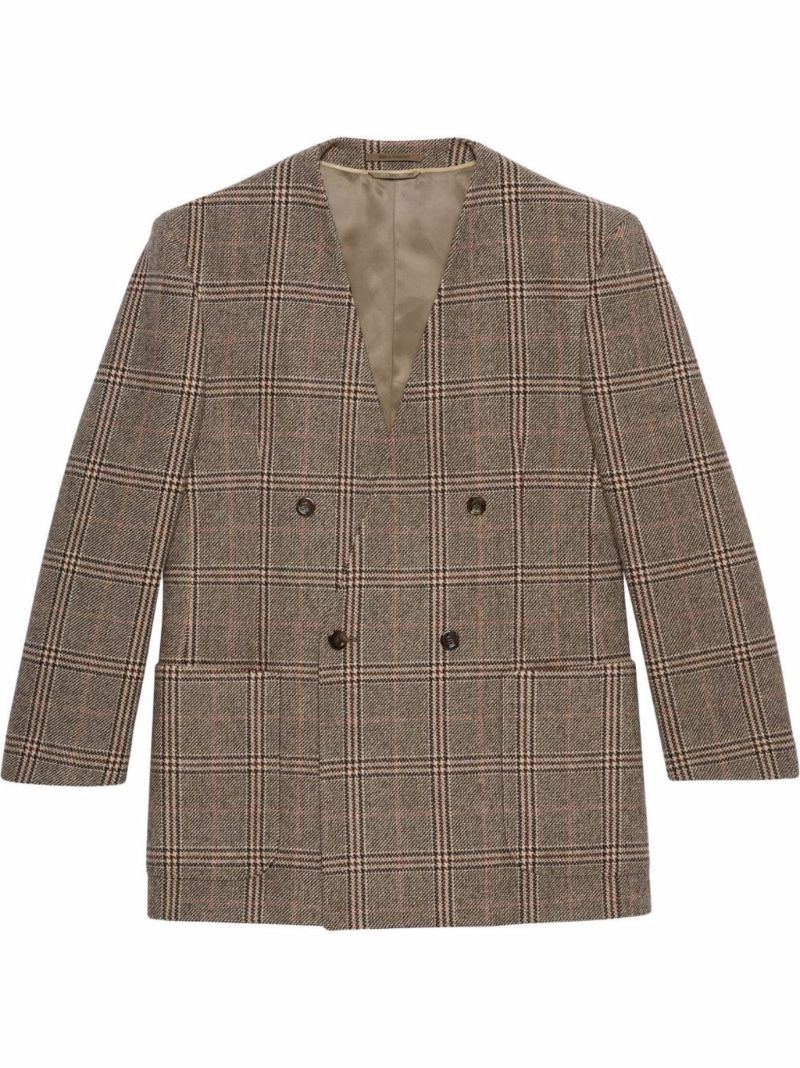 Brown Prince of Wales Check Wool Blazer