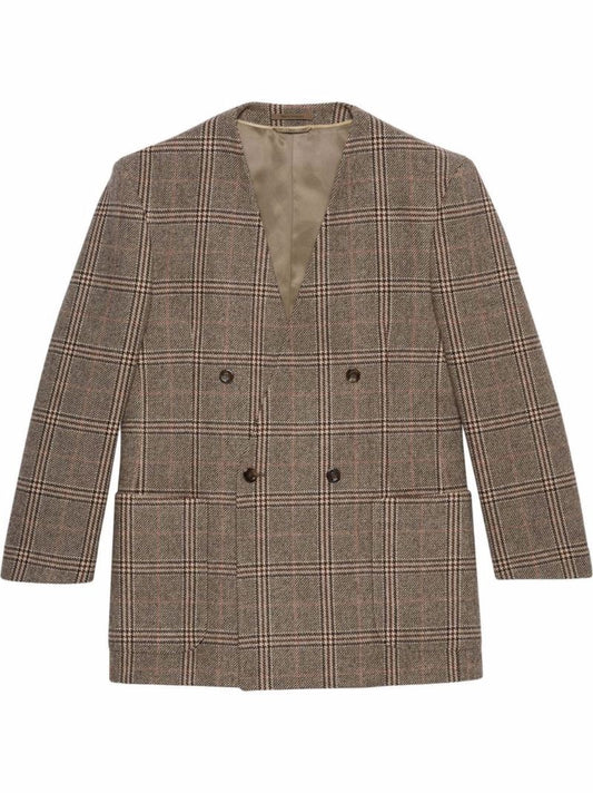 Brown Prince of Wales Check Wool Blazer
