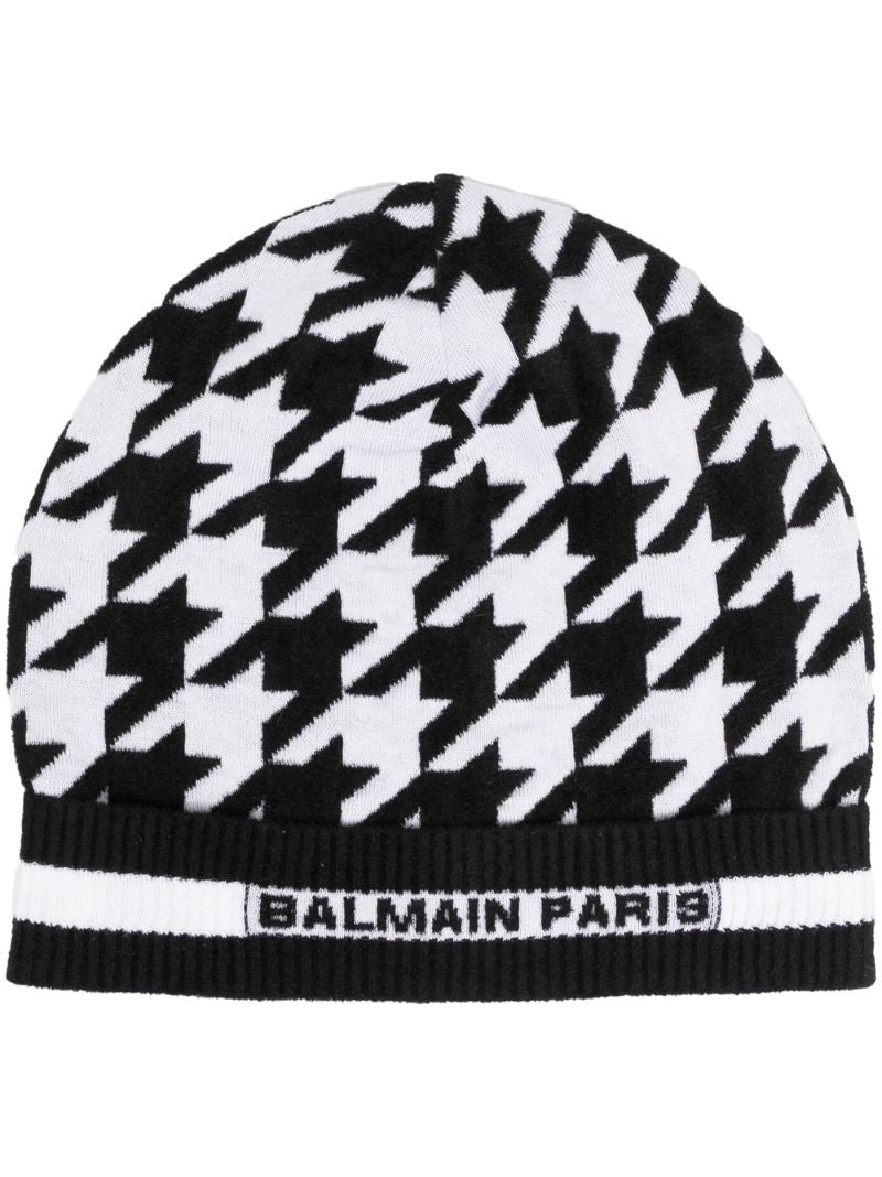 Black Houndstooth Knitted Beanie Hat