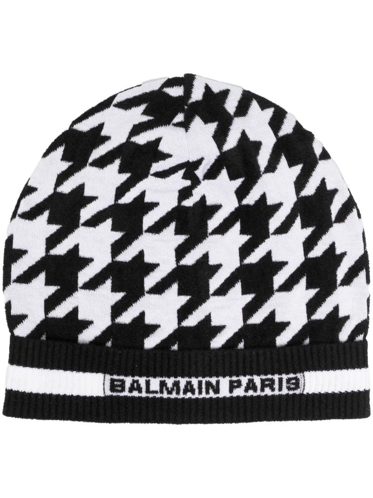 Black Houndstooth Knitted Beanie Hat