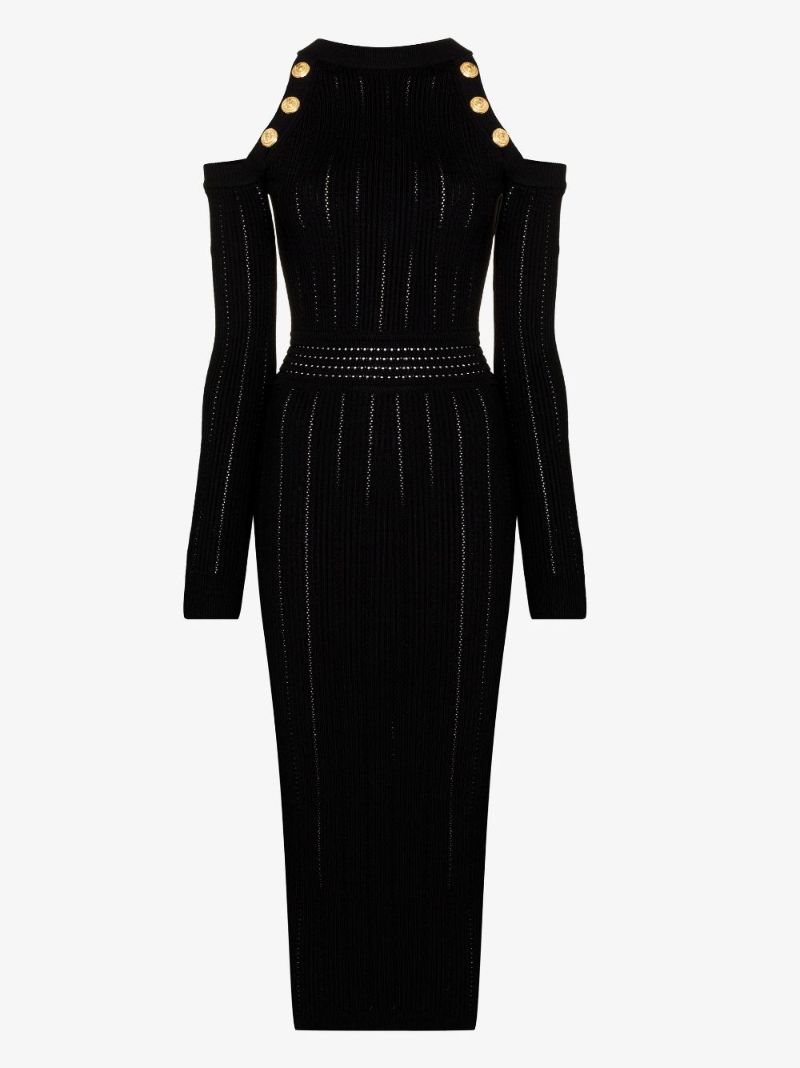 Black Cold Shoulder Knitted Midi Dress