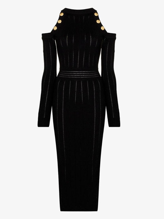 Black Cold Shoulder Knitted Midi Dress