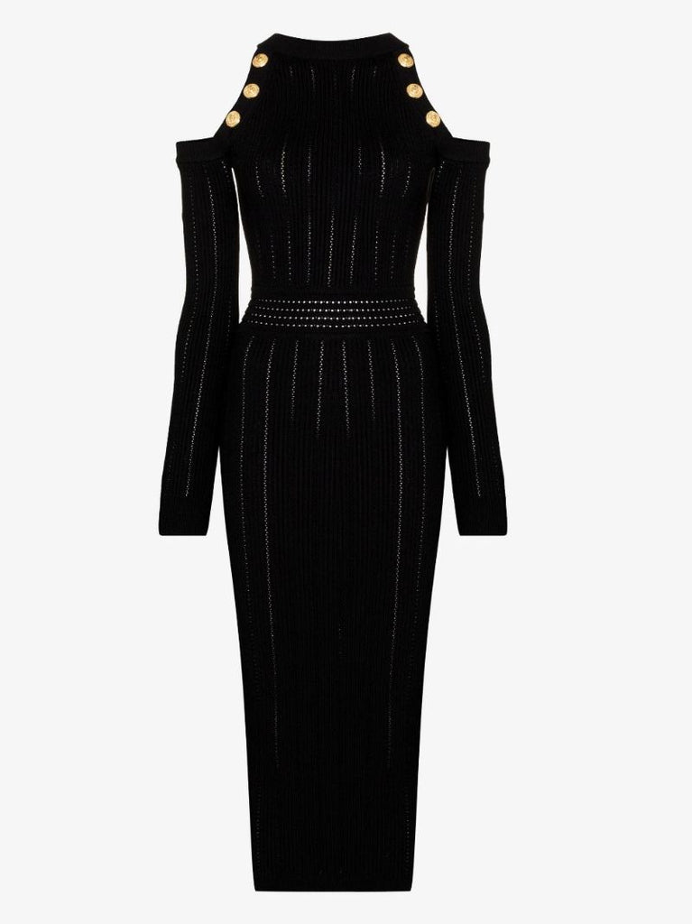 Black Cold Shoulder Knitted Midi Dress