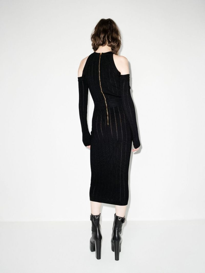 Black Cold Shoulder Knitted Midi Dress