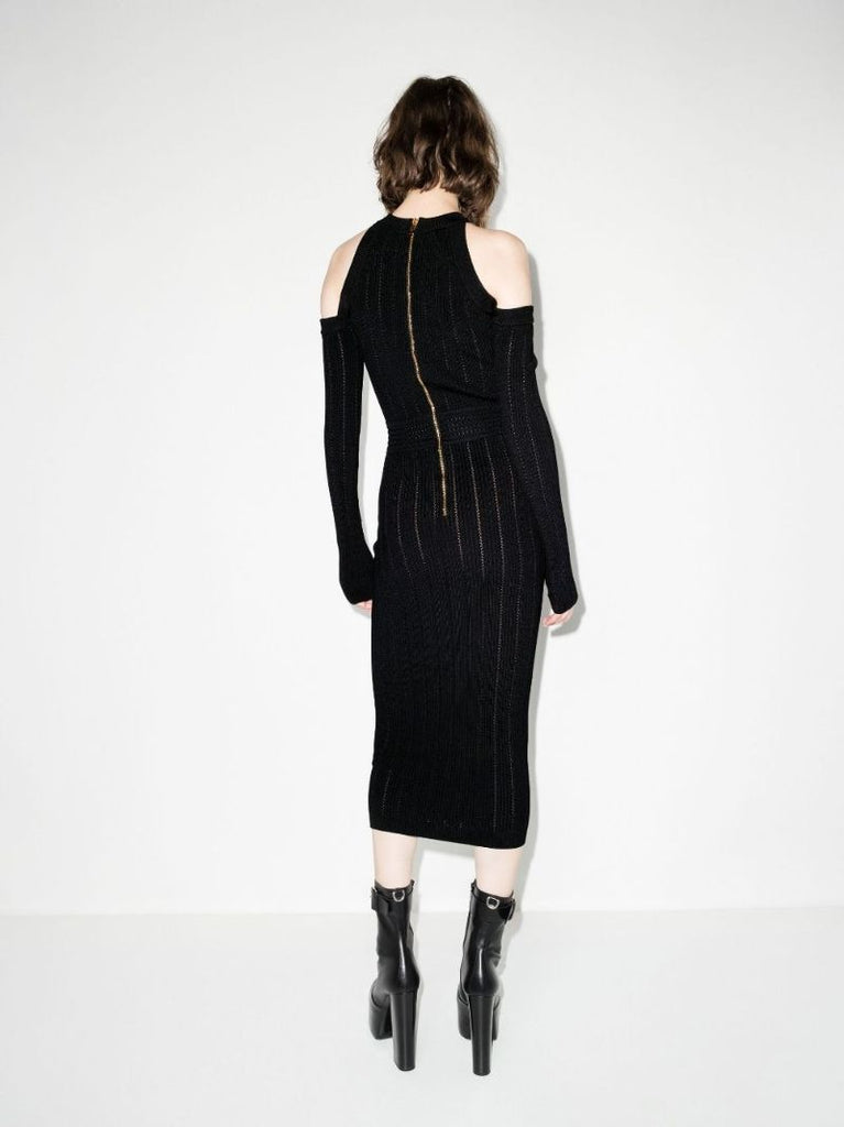 Black Cold Shoulder Knitted Midi Dress